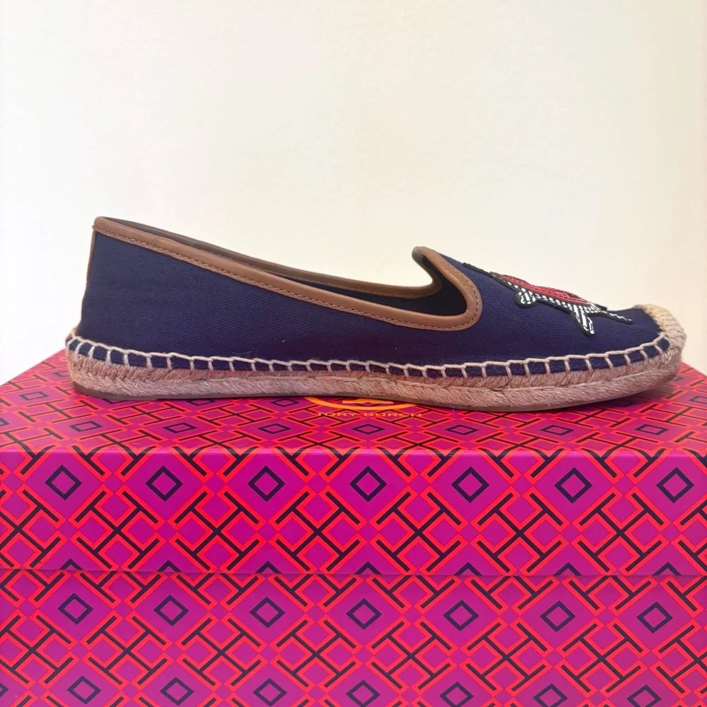 Tory Burch Women’s Maritime Flat Espadrille Size 8 Navy Canvas Nautical Anchor